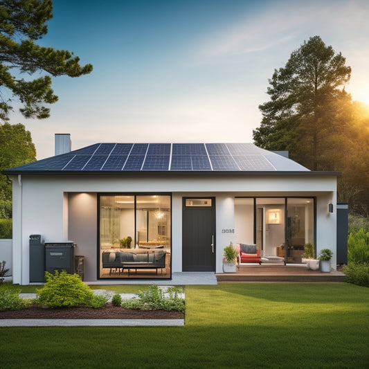 A modern, well-lit home with a sleek, wall-mounted battery system, surrounded by icons of efficient appliances, a smart thermostat, and a few solar panels on the roof, amidst a calming green background.