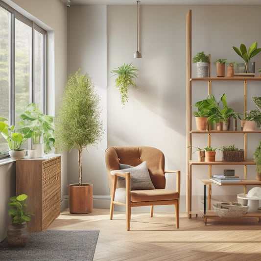 A modern, minimalist room with sleek, floor-to-ceiling shelves made from reclaimed wood, holding potted green plants, and a floor lamp with a curved, solar-powered arm, set against a light-filled, urban background.