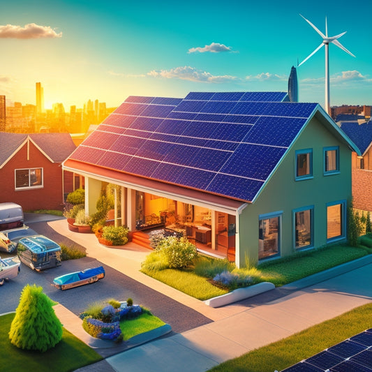 A stylized illustration of a house with solar panels on the roof, surrounded by icons of laptops and shopping carts, with a subtle background of a cityscape or suburban neighborhood.