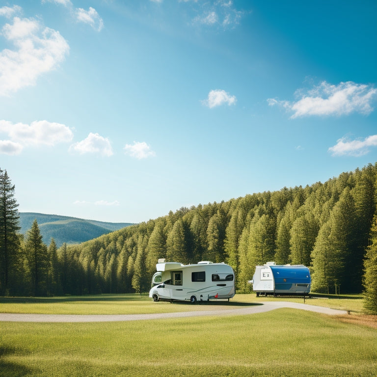 A serene landscape depicting an RV parked amidst a lush green forest, with solar panels installed on the roof, a wind turbine spinning in the distance, and a bright blue sky with fluffy white clouds.