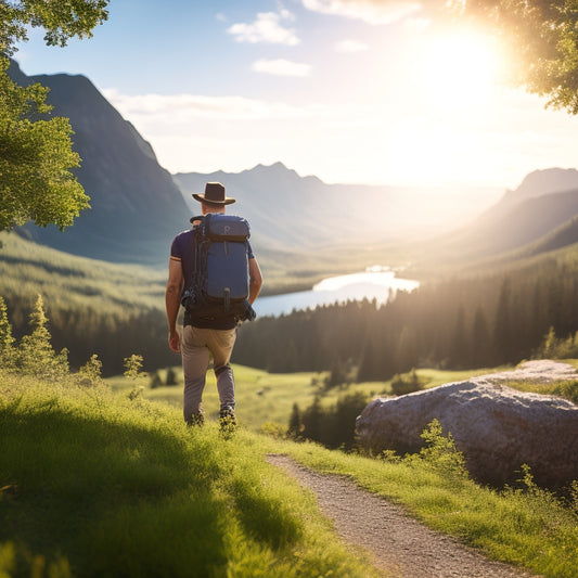 A scenic outdoor landscape with a person hiking in the distance, surrounded by lush greenery and a subtle solar panel in the foreground, with a portable battery charger and various gadgets plugged in.