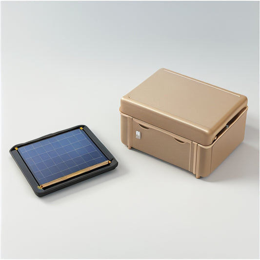 A small, sleek solar panel (approx. 10" x 10") with a compact battery storage unit (similar to a small briefcase) connected by a thin cable, set against a clean, white background.
