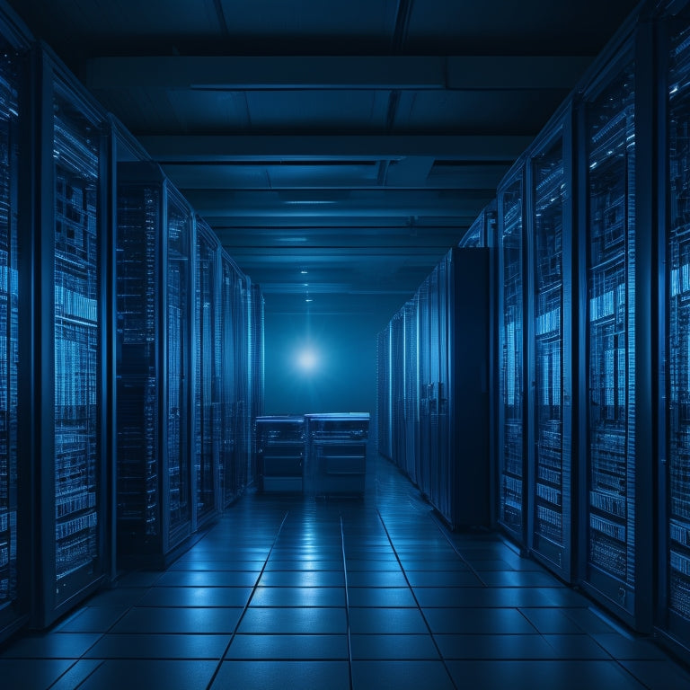A dimly lit server room with rows of humming computers, suddenly illuminated by a sleek, silver battery backup system, its LED lights glowing bright blue, amidst a sea of darkened monitors.