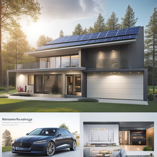 A modern home with sleek solar panels on the roof, a compact battery storage unit in the garage, and a digital display showing energy usage and storage levels.