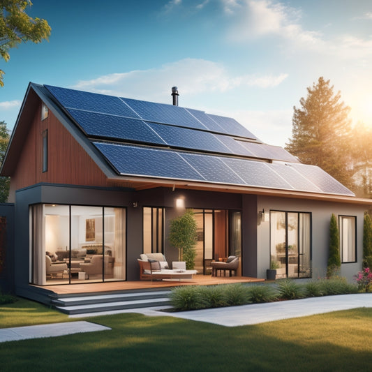 Generate an image depicting a modern home with a sleek, compact battery backup system installed alongside a solar panel array on the roof, with a bright, sunny background.
