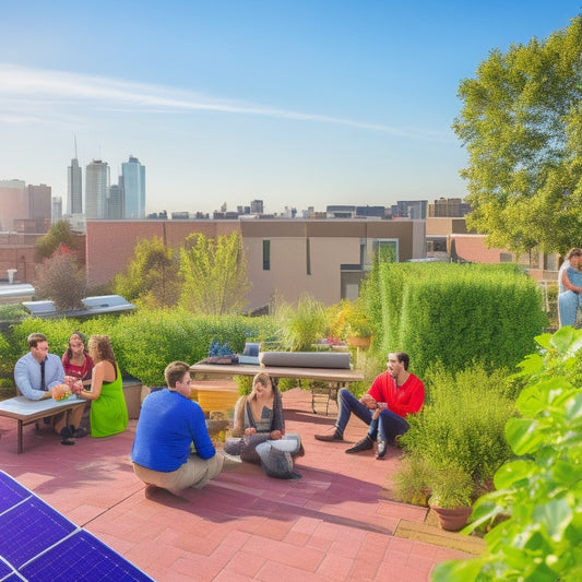 A small business rooftop adorned with solar panels, sunlight glinting off them. Below, a vibrant garden flourishes, and a diverse group of entrepreneurs discuss plans, surrounded by tools and eco-friendly materials.