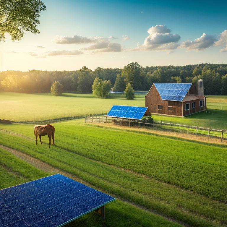 A serene rural landscape with a solar panel array in the foreground, powering a farm pump that irrigates a lush green field, surrounded by rustic wooden fences and a few scattered trees.