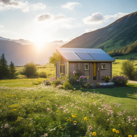 A serene tiny house nestled in a lush green landscape, adorned with solar panels on the roof, basking in sunlight, surrounded by blooming flowers, with a clear blue sky and distant mountains in the background.