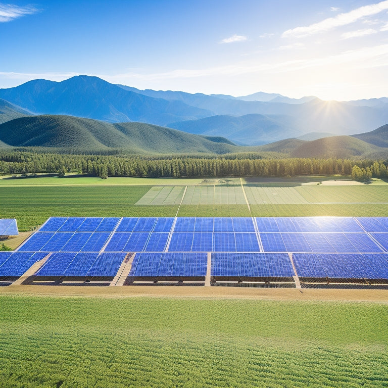 Aerial view of a large solar panel farm under a clear blue sky, with rows of gleaming solar panels reflecting sunlight, surrounded by lush green fields and a distant mountain range, showcasing renewable energy potential.