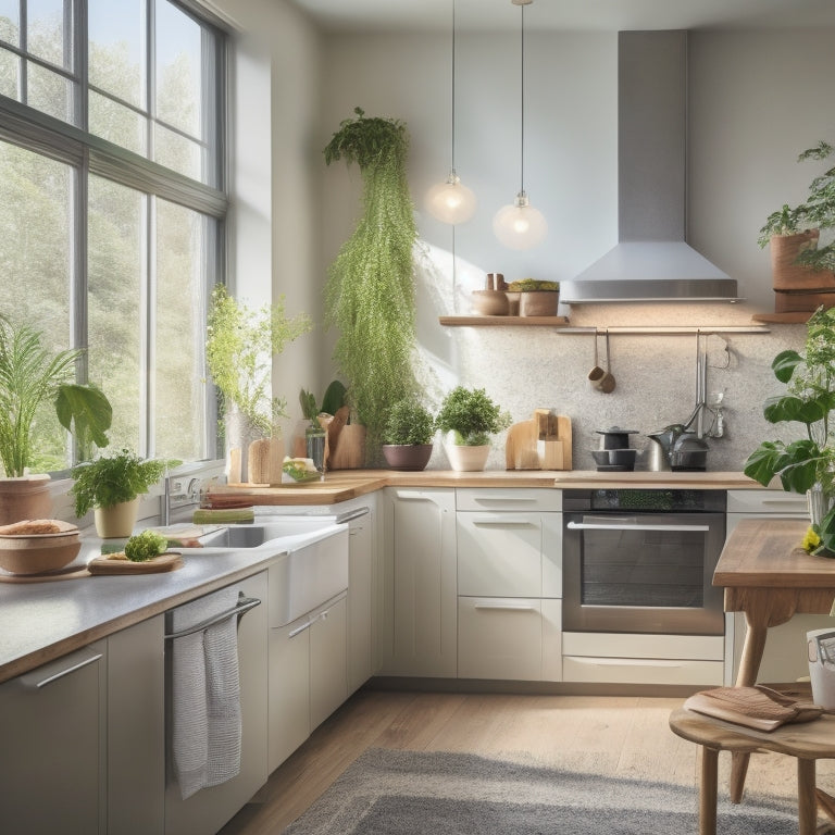 A bright kitchen scene featuring sleek, energy-efficient appliances made from recycled materials, lush indoor plants, and natural light streaming through a window, highlighting a harmonious blend of modern design and sustainability.