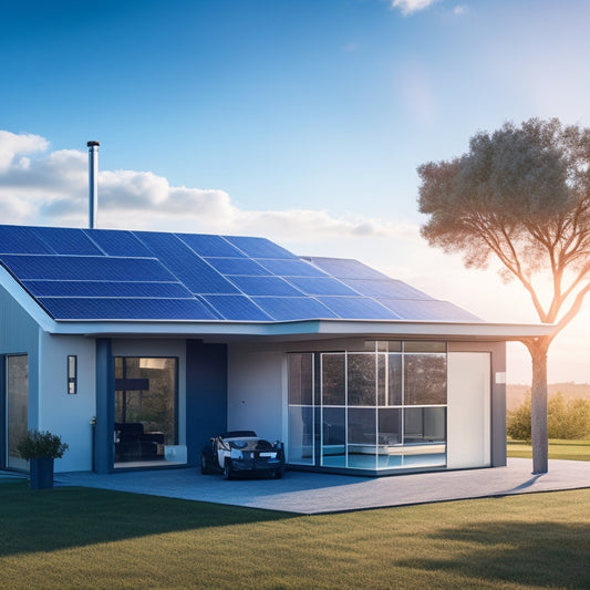 A futuristic, modern home with solar panels on the roof, a sleek, silver battery storage unit in the garage, and a grid tie system connecting the two, set against a bright blue sky.