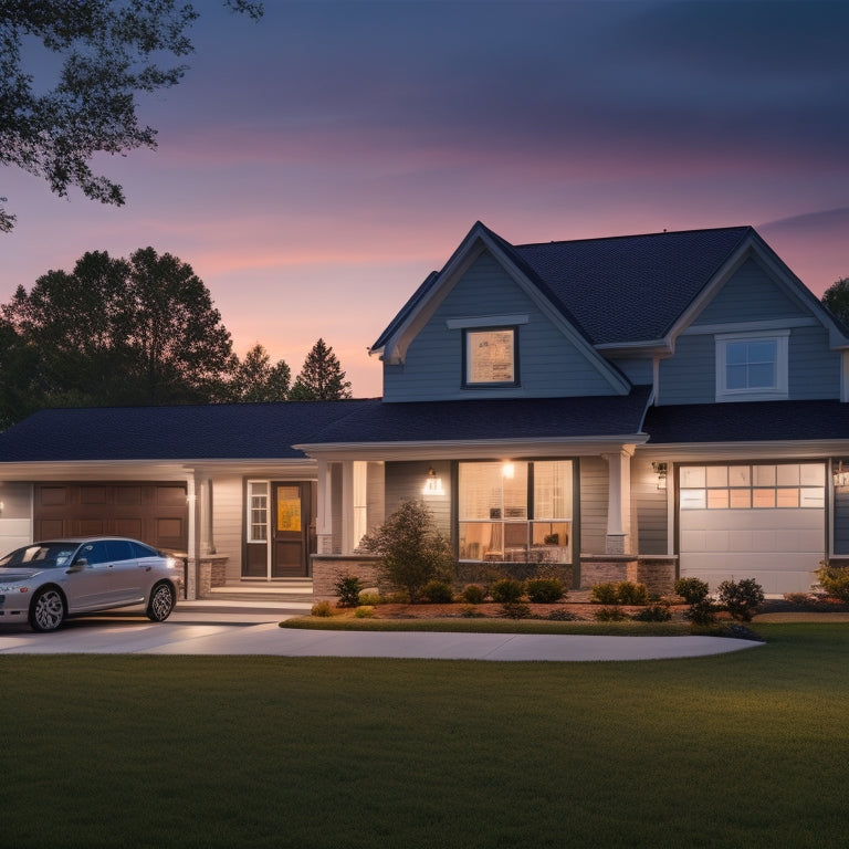 A serene suburban home at dusk with a rooftop solar array, a sleek battery backup unit in the garage, and a bright, glowing LED light illuminating a powered laptop and coffee maker.