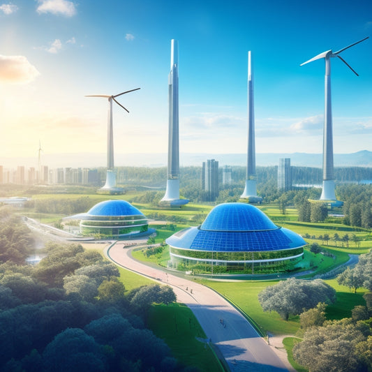 An illustration of a serene, futuristic cityscape with sleek, silver wind turbines and solar panels integrated into the architecture, surrounded by lush greenery and a bright blue, pollution-free sky.