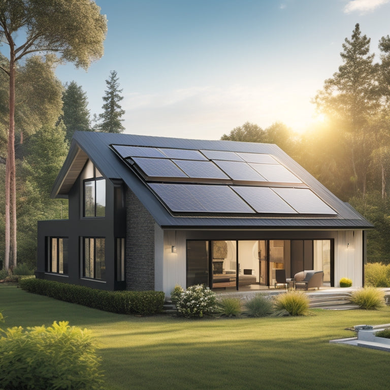 A serene, sun-kissed suburban home with a sleek, black solar panel array on the roof, accompanied by a compact, modern battery storage unit in the foreground, surrounded by lush greenery.