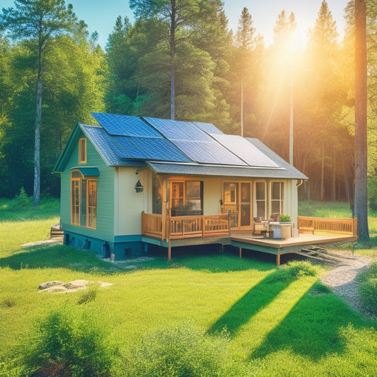 A serene cabin surrounded by lush greenery, with solar panels installed on the roof, connected to a battery bank and inverter on the porch, under a bright blue sky with a few wispy clouds.