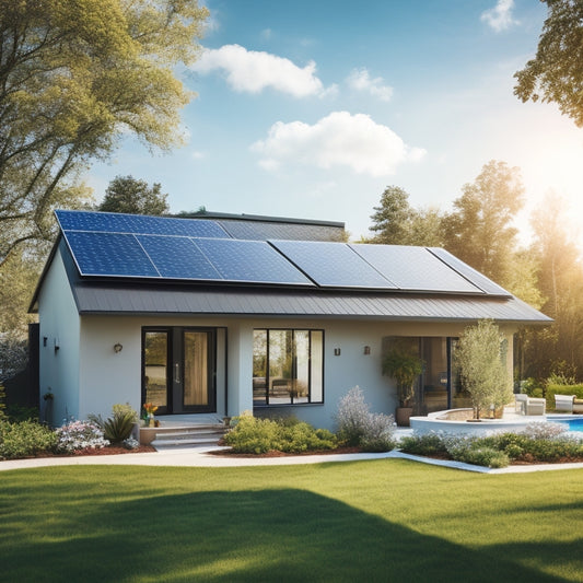 A serene suburban home with sleek, black solar panels seamlessly integrated into the roof, surrounded by lush greenery and a bright blue sky with a few puffy white clouds.