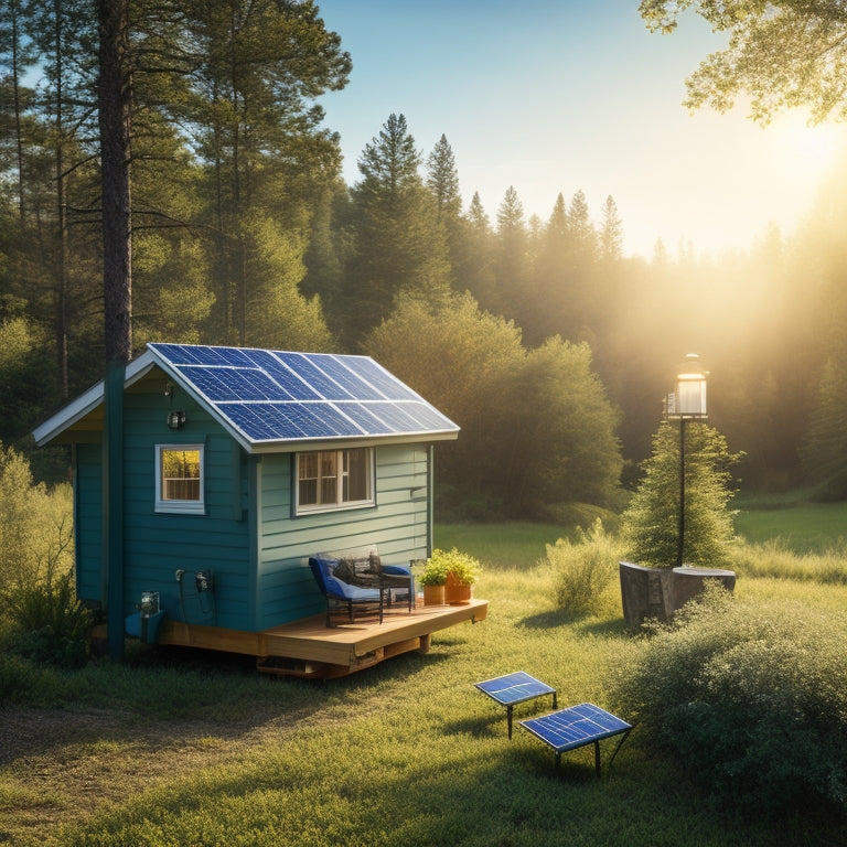 A serene off-grid landscape featuring a solar panel array, portable battery packs, a solar-powered lantern, and charging devices, surrounded by lush greenery and a cozy tiny home, under a bright blue sky.