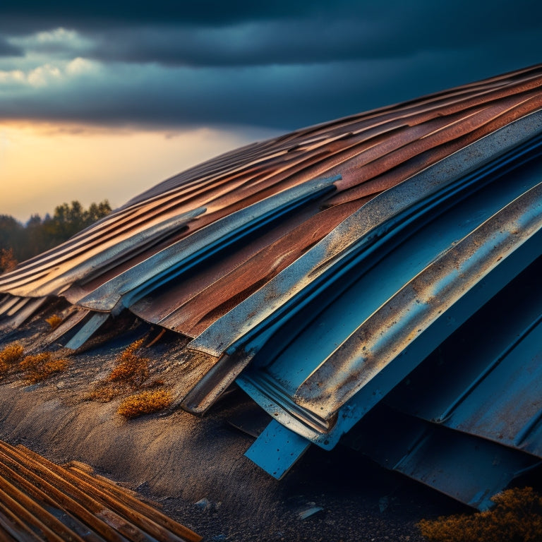 A close-up of a corrugated metal roof with a few loose and rusty clamps, surrounded by scattered screws and bolts, with a subtle background of a stormy sky and wind-blown trees.