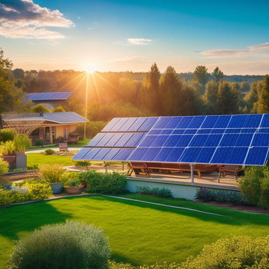 A vibrant backyard scene showcasing small solar panels on a compact roof, surrounded by lush greenery, with sunlight glinting off the panels, contrasted against a distant view of large, sprawling solar farms in the background.