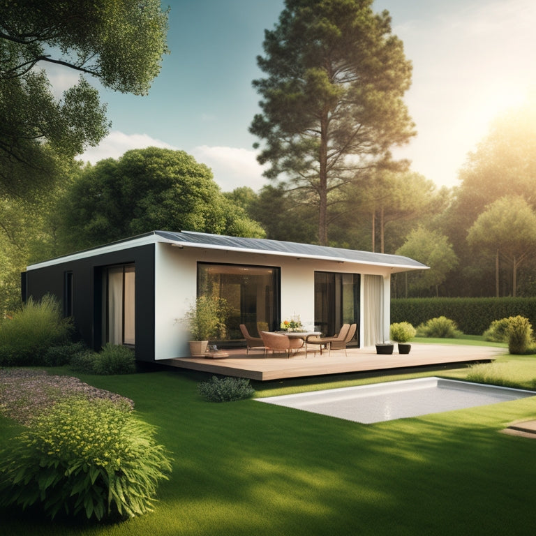 A serene backyard with a modern home, surrounded by lush greenery, featuring a sleek solar panel array on the roof and a compact, futuristic generator unit on the lawn.