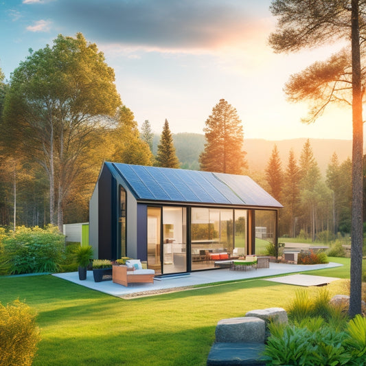 A serene, modern, eco-friendly home surrounded by lush greenery, featuring a rooftop solar panel array, a wind turbine in the distance, and a compact, sleek battery storage unit on the exterior wall.