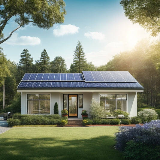 A serene suburban home with a sleek, black solar panel array installed on the roof, surrounded by lush green trees and a bright blue sky with a few puffy white clouds.
