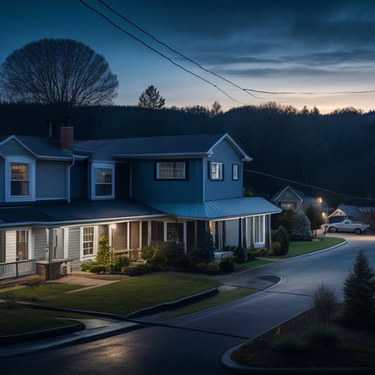 A darkened suburban street with a single house lit up, its solar panels and battery backup system visible on the roof, amidst a backdrop of fallen power lines and darkened neighboring homes.