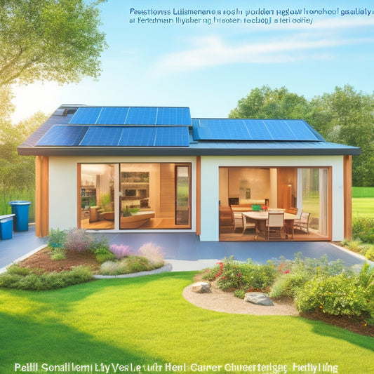 An illustration of a modern, eco-friendly home with solar panels on the roof, a recycling bin on the porch, and a lush green garden with a rainwater harvesting system in the backyard.