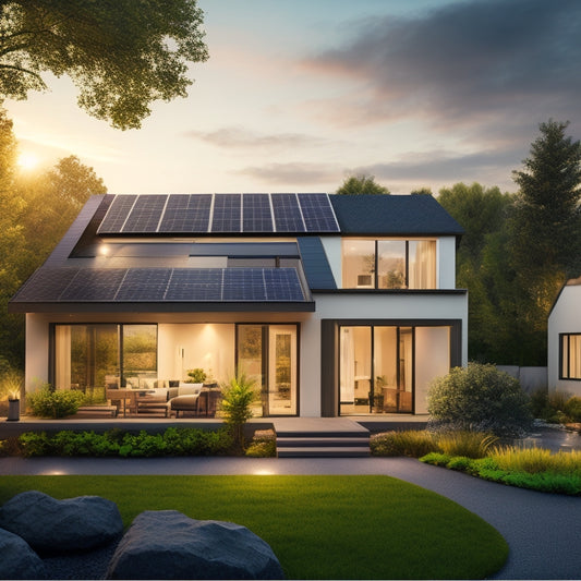 A cozy, modern home with solar panels on the roof, energy-efficient LED lights glowing warmly inside, a smart thermostat on the wall, and lush greenery surrounding the house, symbolizing sustainability and reduced energy bills.