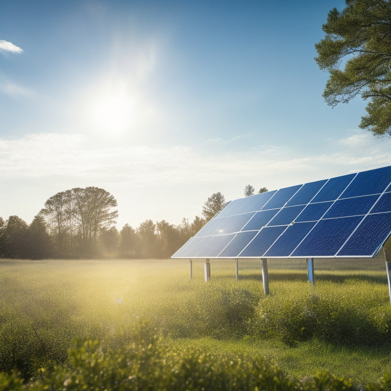 A serene landscape with a modern, sleek, and silver solar panel array set against a bright blue sky with a few puffy white clouds, surrounded by lush greenery and a subtle sun glow.