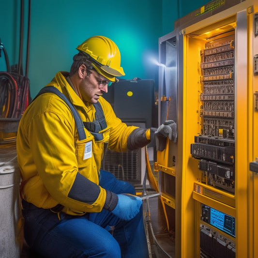 A technician in a yellow hard hat and gloves, holding a multimeter, stands in front of a residential inverter system with flashing green LED lights, surrounded by tools and a ladder.