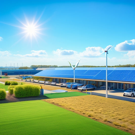 A modern factory surrounded by solar panels and wind turbines, with a clear blue sky and lush greenery. Workers install solar panels while electric vehicles charge nearby, showcasing a sustainable business environment.
