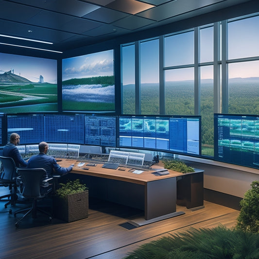 A futuristic control room filled with sleek digital screens showcasing renewable energy data, solar panels and wind turbines visible outside large windows, vibrant greenery surrounding the facility, and engineers collaborating over interactive displays.