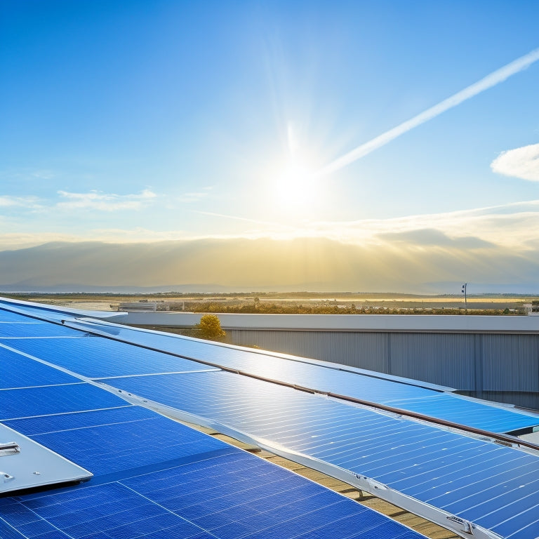 An image of a sleek, modern rooftop with a solar panel array installed, showcasing a sturdy, silver-colored mounting kit with sleek, curved rails and robust clamps, amidst a bright blue sky.