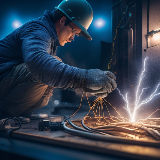 An illustration of a person holding a grounding rod, surrounded by sparks and lightning bolts, with a subtle grid of electrical circuits and wires in the background, conveying safety and protection.