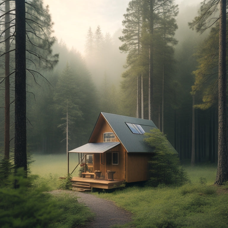 A serene, misty forest surrounds a cozy cabin with solar panels on the roof and a small wind turbine nearby, connected to a battery bank and inverter inside the cabin.