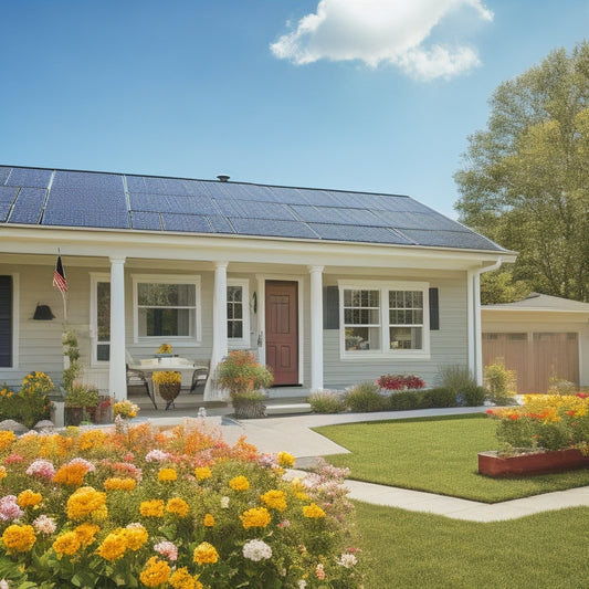 A sunny suburban home with solar panels on the roof, a clipboard with a checklist and a pencil lying on a windowsill, surrounded by blooming flowers and a faint US flag in the background.