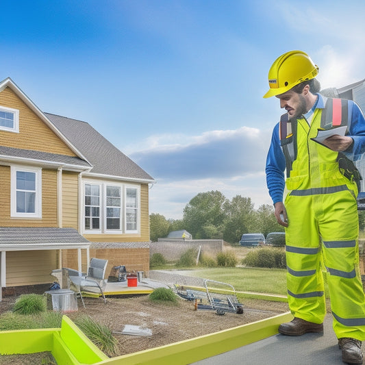 A person in a bright yellow hard hat and vest, holding a clipboard and standing in front of a suburban home, surrounded by various energy-audit tools and equipment, with a ladder leaning against the roof.