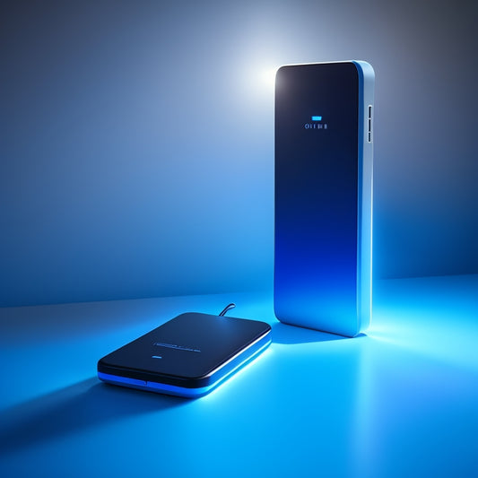 A futuristic, minimalist background with a sleek, black power bank centered, surrounded by a halo of light, with a solar panel leaning against it, its shiny surface reflecting a subtle, gradient blue glow.