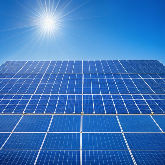 A bright blue sky with 10 solar panels of varying sizes and designs arranged in a staggered, diagonal line, set against a subtle grid background with faint gridlines.