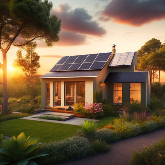 A modern, eco-friendly home with solar panels on the roof, a wind turbine in the backyard, and a green wall with lush plants, surrounded by a serene natural landscape at sunset.
