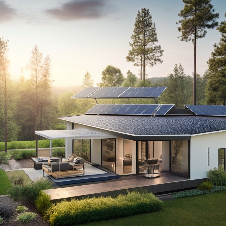 An illustration of a modern home's rooftop featuring a sleek solar panel array, with a subtle grid pattern in the background, and a large, sleek battery unit in the foreground, surrounded by lush greenery.