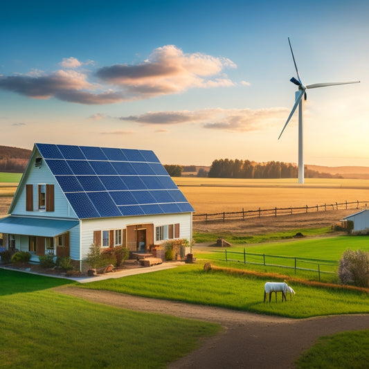 A serene rural landscape with a farmhouse and barn in the background, featuring a prominent solar panel array, a wind turbine, and a bank of batteries in the foreground.