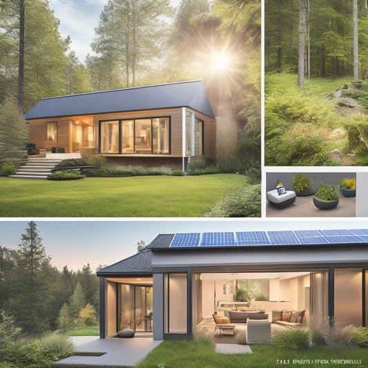 A modern eco-friendly home with solar panels on the roof, a smart thermostat on the wall, and a geothermal heating system visible through a basement window, surrounded by lush greenery.