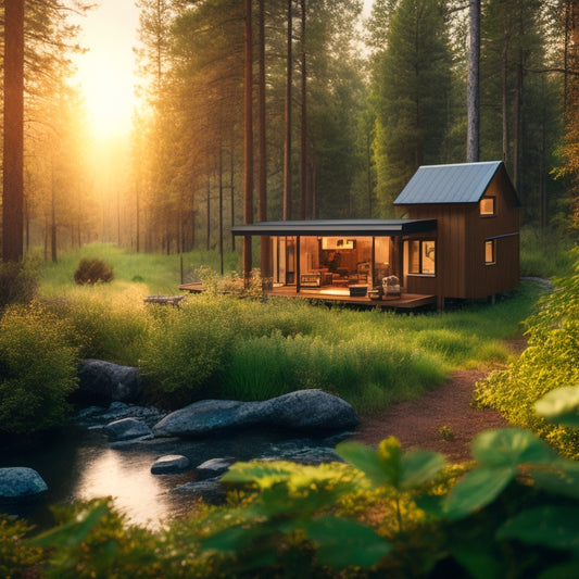 A serene landscape with a modern off-grid cabin surrounded by lush greenery, featuring five distinct inverters on a wooden table, each with unique design elements and subtle lighting effects.