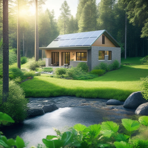 A serene, modern home surrounded by lush greenery, with solar panels on the roof, a wind turbine in the distance, and a small hydroelectric generator near a flowing stream.