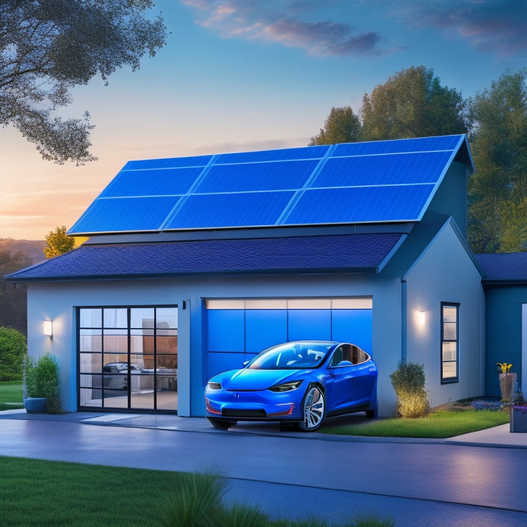 An illustration of a modern home with solar panels on the roof, a Tesla Powerwall on the exterior wall, and a Generac PWRcell battery in the garage, all connected by sleek, glowing blue lines.