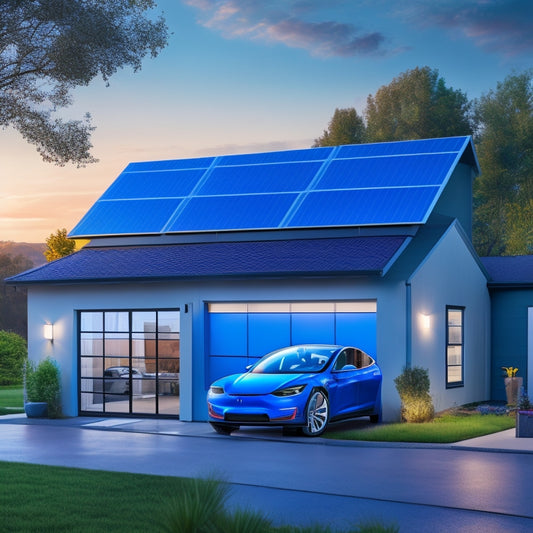 An illustration of a modern home with solar panels on the roof, a Tesla Powerwall on the exterior wall, and a Generac PWRcell battery in the garage, all connected by sleek, glowing blue lines.