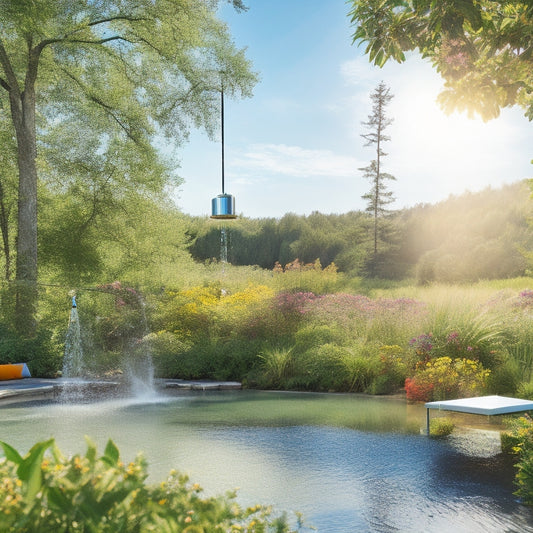 A serene outdoor setting featuring a sleek solar shower amidst lush greenery, sunlight glinting off the water, colorful flowers in the foreground, and a clear blue sky above, conveying tranquility and eco-friendliness.
