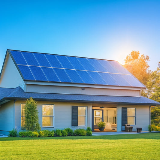 A serene suburban home with a sleek, black solar panel array on its rooftop, surrounded by a bright blue sky with a few puffy white clouds, and a subtle sunbeam highlighting the panels.